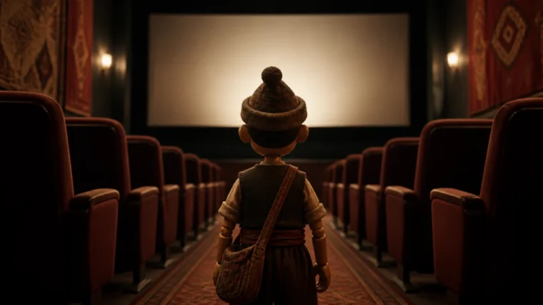Yazısız sinema salonunda folklorik el yapımı karakter silueti.