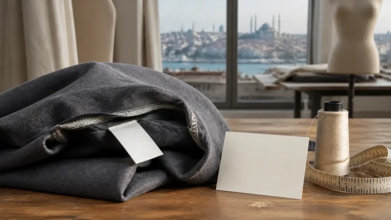 Giyimde dikiş, etiket ve ürün bilgisi ayrıntılarını gösteren yazısız özgün editoryal moda fotoğrafı