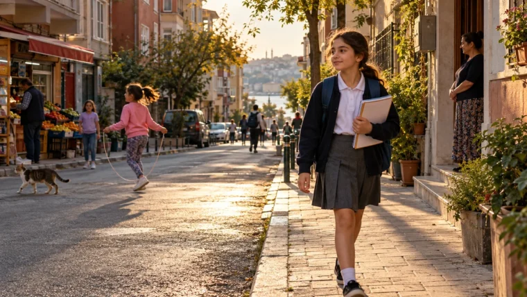 Okul çıkışında defteri ve sırt çantasıyla mahalle sokağında yürüyen kız çocuğu; arkada ip atlayan çocuk.