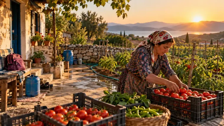 Kırsal evin avlusunda sebze kasalarını hazırlayan kadın üretici