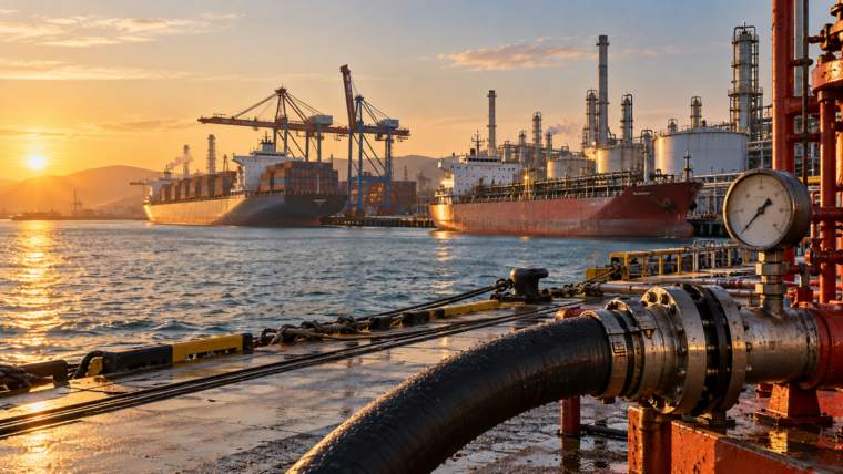Gün doğumunda tanker, konteyner gemisi, boru hattı ve rafineri tesisleriyle çalışan bir enerji limanı