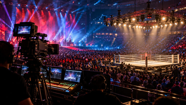 Yazısız büyük arena sahnesinde sağda aydınlatılmış boks ringi, solda yayın kamerası ve arka planda konser ışıkları.