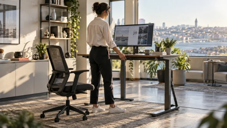 Ayarlanabilir çalışma masasının yüksekliğini değiştiren ofis çalışanı; sandalye, ekran ve ayaklar kadrajda.