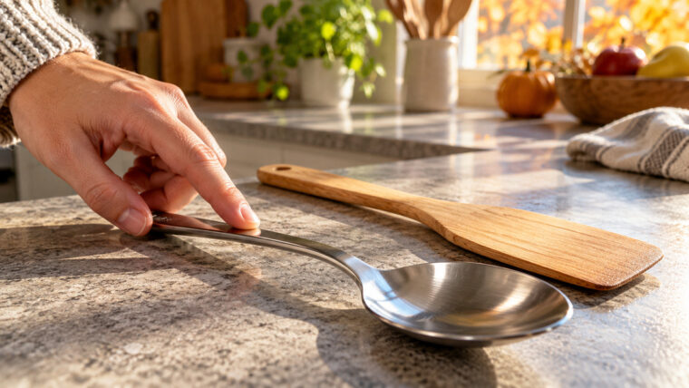 Sonbahar sabahı ışığında taş tezgahta metal kaşığa parmağıyla dokunan el ve yanında ahşap spatula