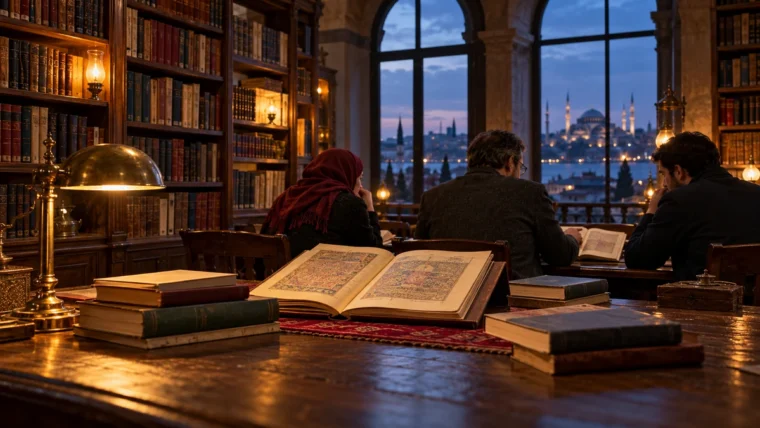 İstanbul’da bir kütüphane odasında siyer kaynaklarını birlikte inceleyen üç kişi