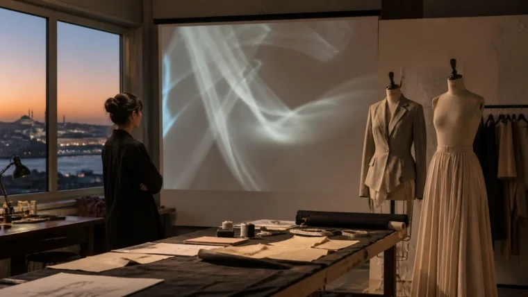 Dijital moda filmi izlenen bir İstanbul tasarım stüdyosunda kumaş ve kalıp masası