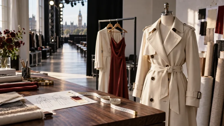 Moda haftası atölyesinde krem trençkot, kumaş örnekleri ve ölçü bandı