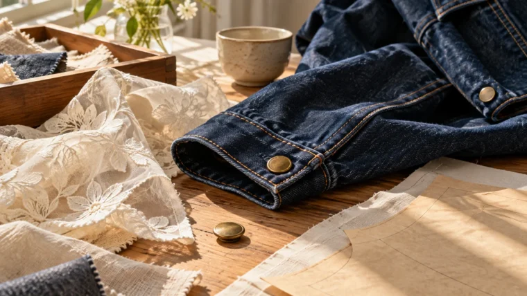 Güneş alan bir tasarım masasında indigo denim ceket kolu, krem organza çiçekli kumaş, pirinç düğme ve kalıp kâğıdı