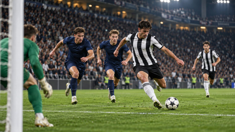 Gece maçında siyah beyaz çizgili formasındaki kurgusal forvetin ceza sahasında şut çektiği hareketli futbol görseli