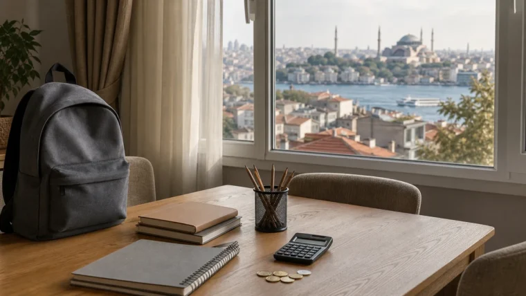 İstanbul manzaralı bir evde okul çantası, defterler ve hesap makinesi