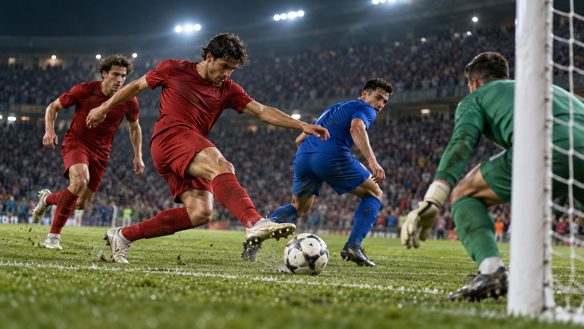 Kurgusal futbol maçında ceza sahasında dönüş topuna vurmaya hazırlanan anonim oyuncu