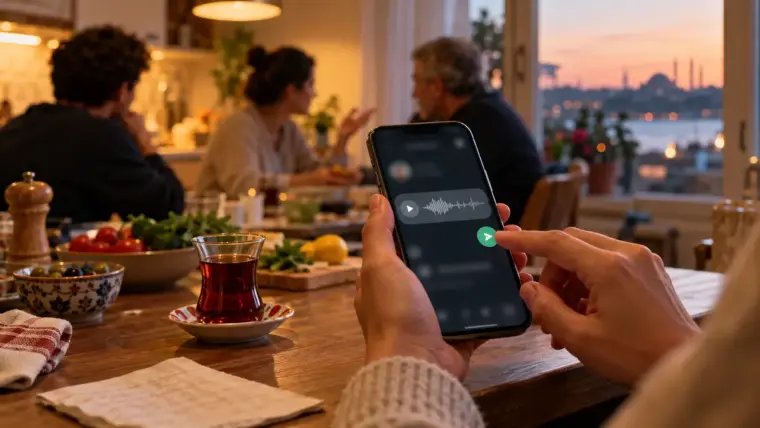 Evde telefonu elinde tutan kişinin, ses kaydı iletirken duraksayan parmağı