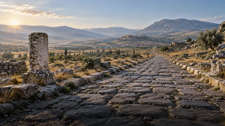 Yazısız sabah ışığında Anadolu yükseklerinde uzanan taş döşeli Roma yolu ve yol kenarında yıpranmış bir mil taşı