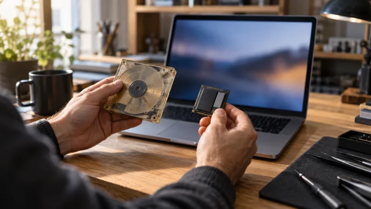 Mac dizüstü bilgisayarı önünde eski saydam disk bileşeni ile güncel işlemci modülünü karşılaştıran eller