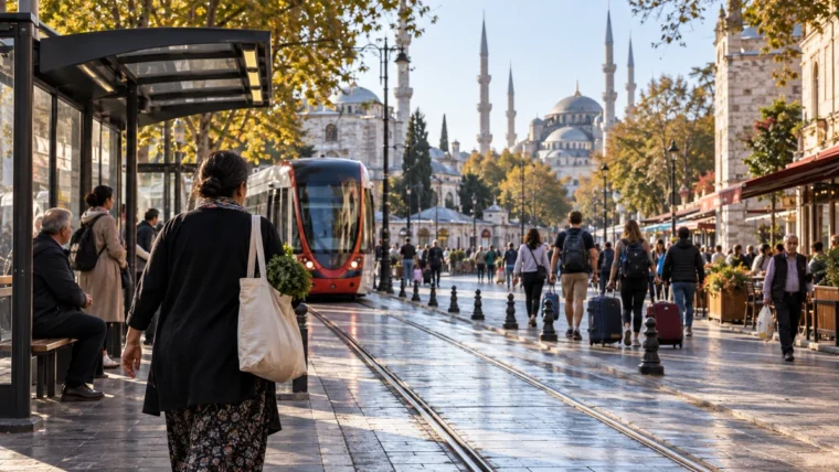 İstanbul'da tramvay hattı yanında pazar çantası taşıyan kent sakini ve uzakta valizli ziyaretçiler
