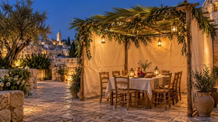 Dallarla örtülü geçici Sukkot çardağında, akşam ışığında kurulmuş yazısız ortak sofra.