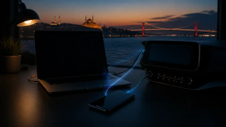 Cihazlar arasında yapay zekâ görevi taşıyan telefon, dizüstü bilgisayar ve otomobil ekranı