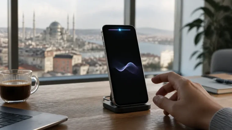 Telefonun üst kenarında yapay zekâ ajanının durum ışığını gösteren yazısız İstanbul çalışma masası sahnesi
