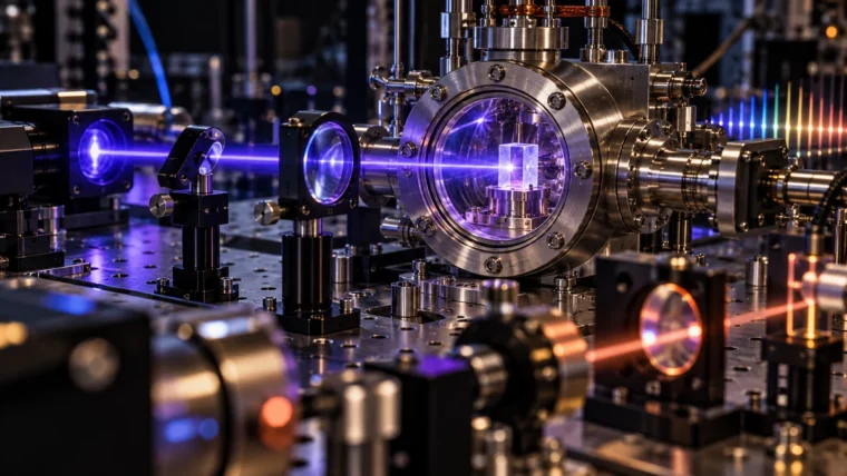 Morötesi lazer ışınının küçük bir kristale yöneldiği hassas optik düzeneği ve vakum odası