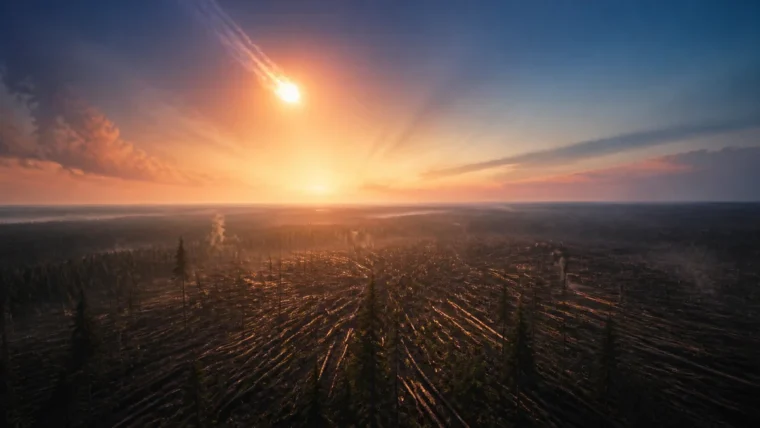 Tunguska hava patlaması yazısı için Sibirya ormanında radyal devrilmiş ağaçlar ve gökyüzünde ateş topu içeren yazısız editoryal kapak görseli