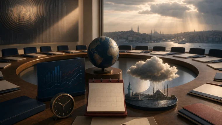 Türkiye enflasyon verisi, BM Güvenlik Konseyi çalışma programı ve imalat takvimini sembolleştiren editoryal görsel