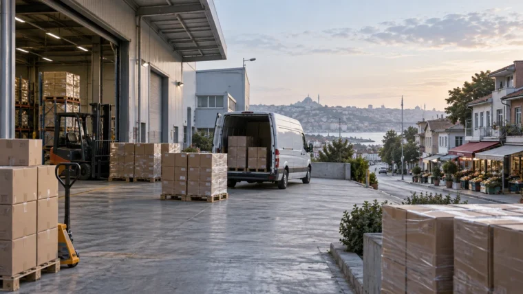 Yazısız bir tekstil atölyesinde üretim malzemeleri, boş koliler ve sevkiyat alanı