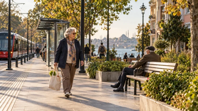 İstanbul'da sonbahar ışığında tramvay durağı yanında bez çantasıyla yürüyen yaşlı kadın ve bankta dinlenen yaşlı erkek