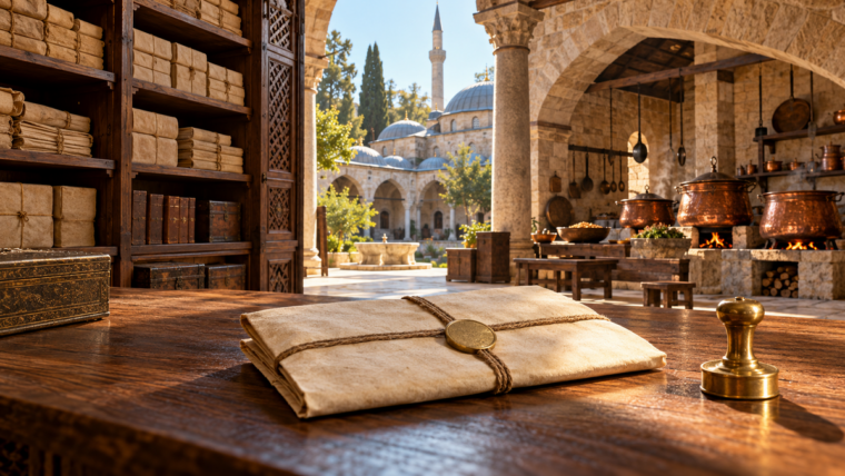 Mühürlü boş belge, arşiv rafları ve imaret mutfağını gösteren tarihî vakıf sahnesi
