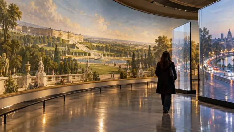 Yuvarlak müze salonunda Versailles bahçelerini gösteren panorama ile çağdaş şehir görüntüleri taşıyan şeffaf ekranların arasında yürüyen ziyaretçi