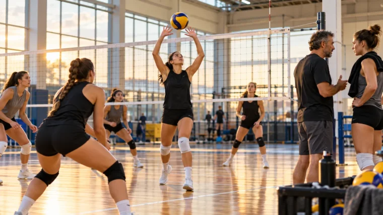 Aydınlık bir salonda servis organizasyonu çalışan voleybolcular ve kenarda oyuncusuyla konuşan antrenör