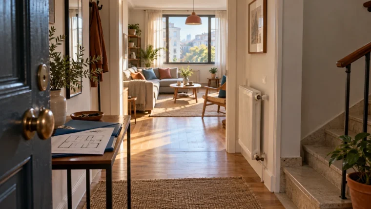Girişten gün ışığı alan oturma alanına uzanan açık dolaşım yoluna sahip temsili apartman evi